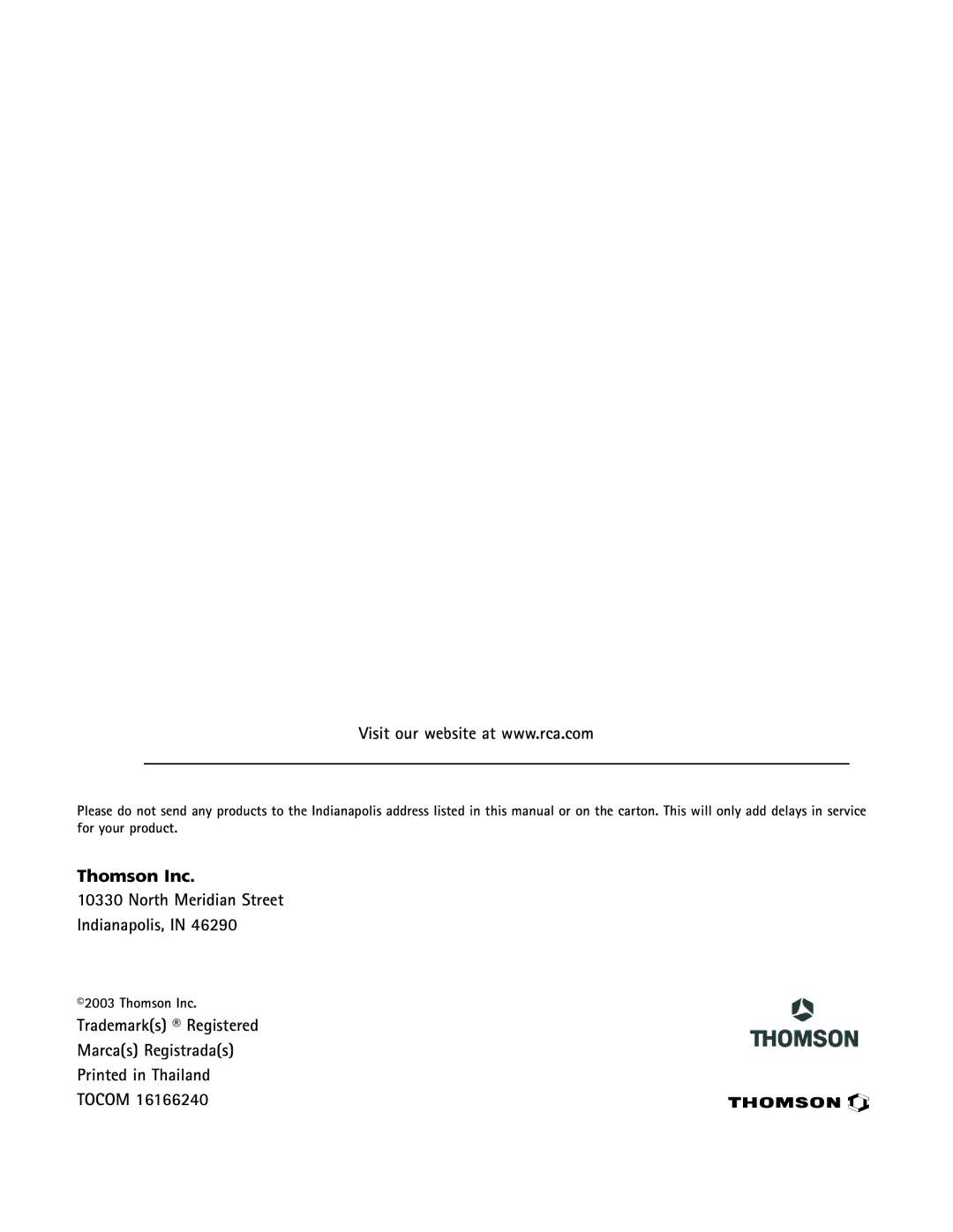 RCA DRC7005N manual Thomson Inc North Meridian Street Indianapolis, Trademarks Registered Marcas Registradas Tocom 