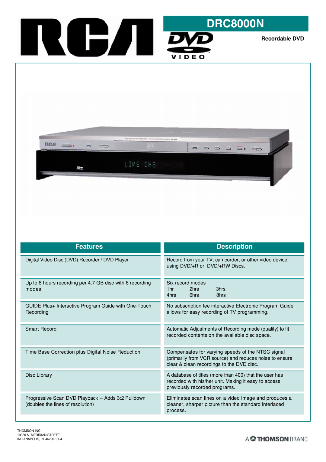 RCA DRC8000N manual Features, Description 