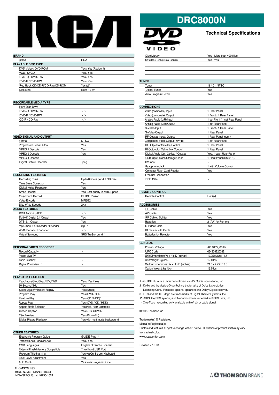 RCA DRC8000N Brand, Playable Disc Type, Recordable Media Type, Video Signal and Output, Recording Features, Audio Features 