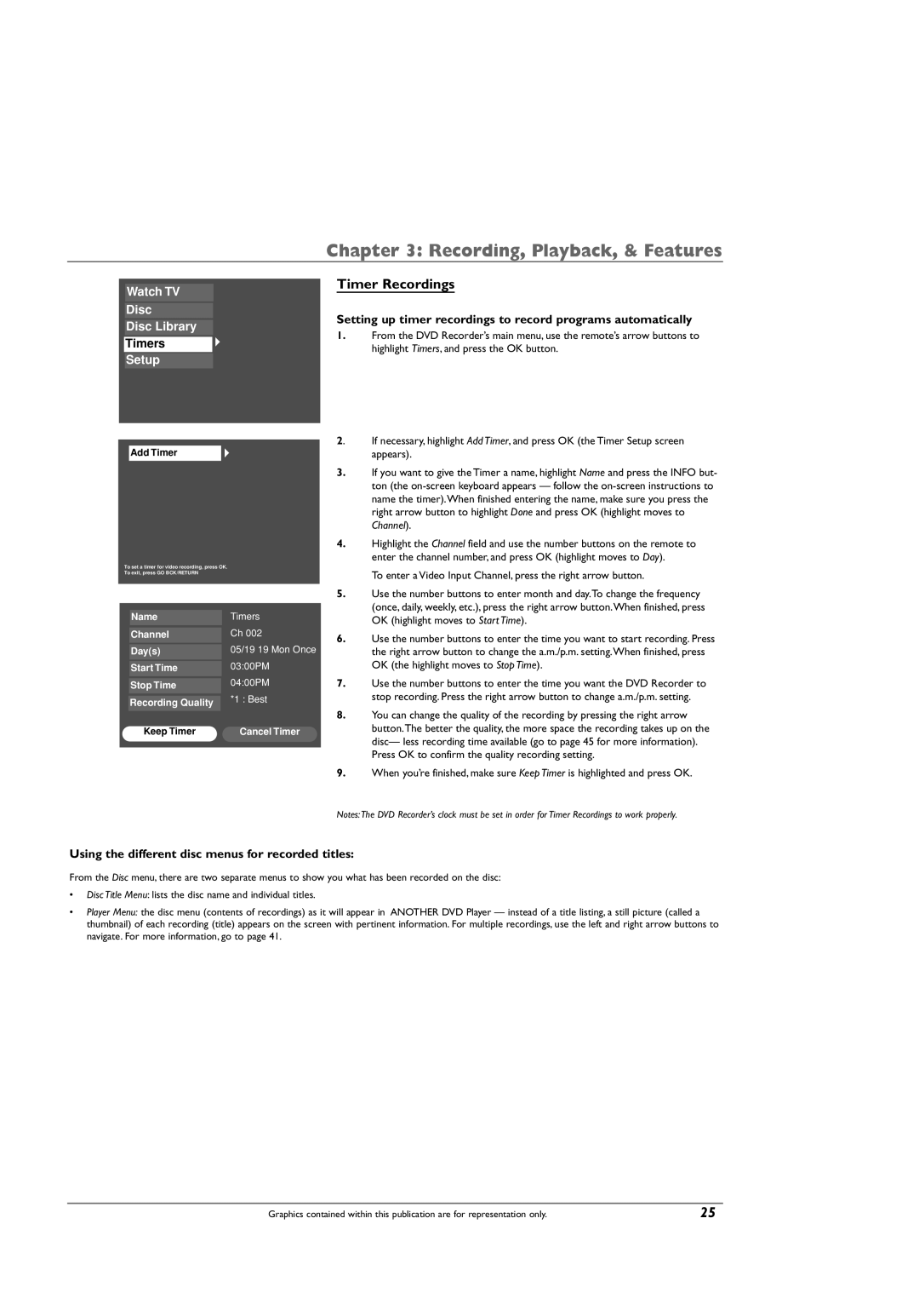 RCA DRC8005N manual Timer Recordings, Timers, Using the different disc menus for recorded titles, Appears, Add Timer 