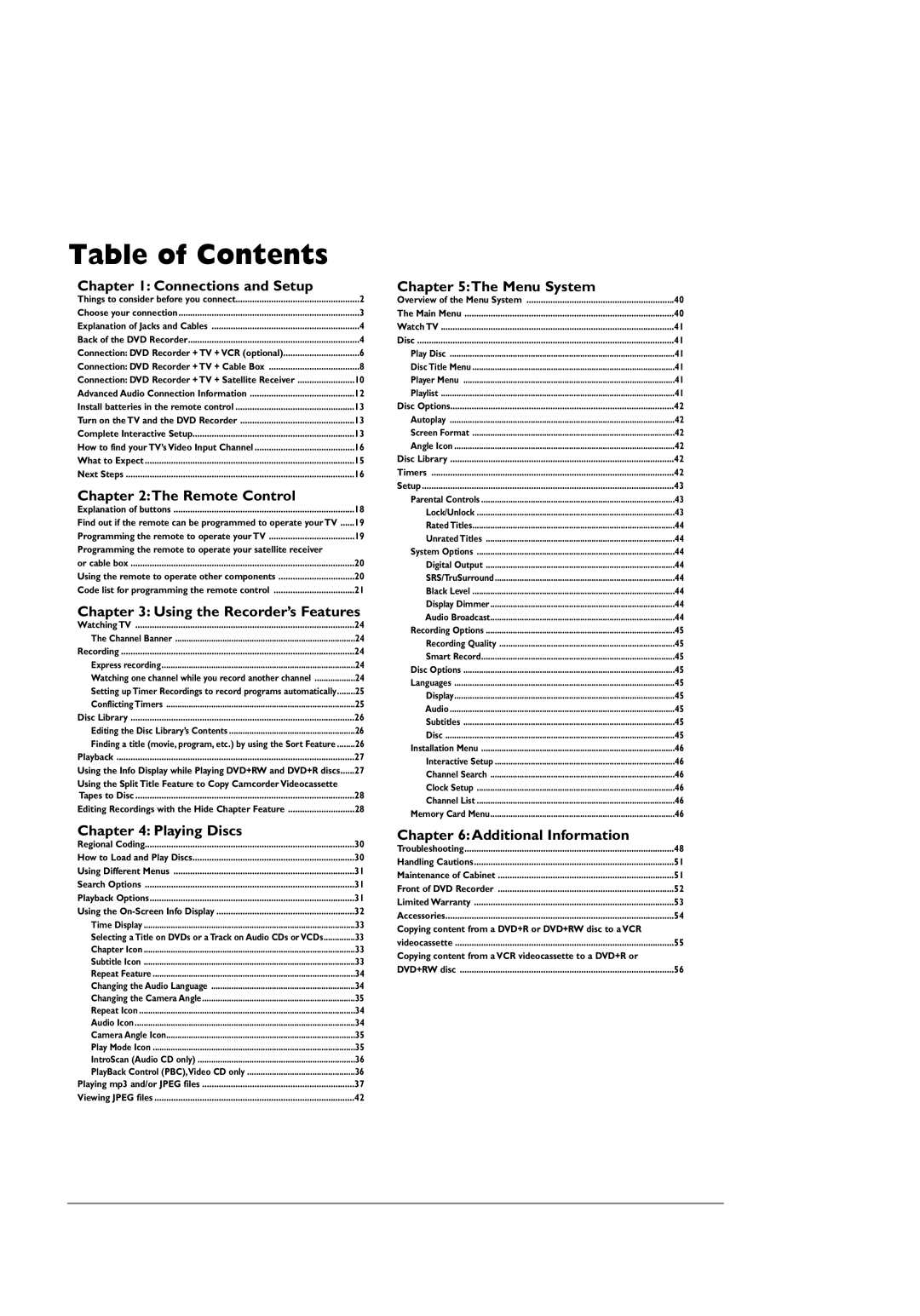 RCA DRC8005N manual Table of Contents 