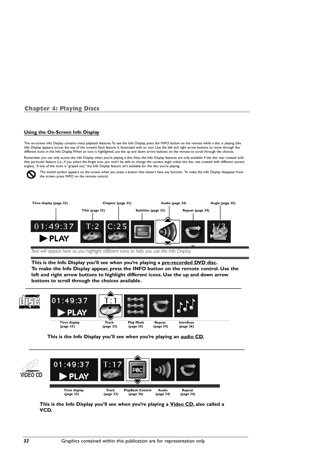 RCA DRC8005N manual Using the On-Screen Info Display, Time display Chapter Audio, Title Subtitles Repeat 