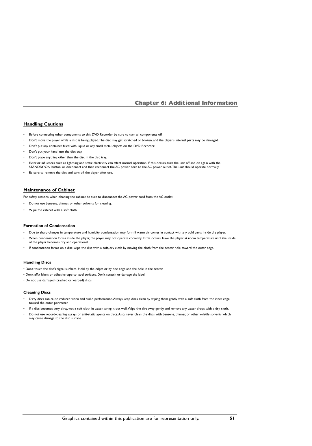 RCA DRC8005N manual Handling Cautions, Maintenance of Cabinet, Formation of Condensation, Handling Discs, Cleaning Discs 