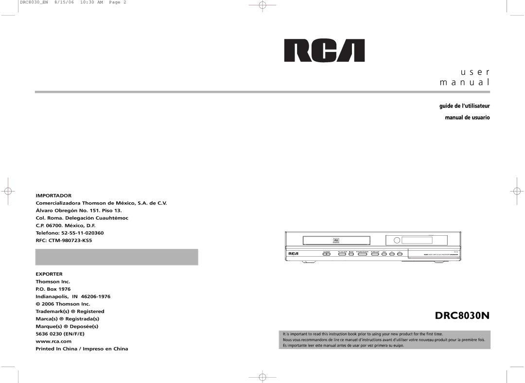 RCA DRC8030N user manual E r m a n u a l, Guide de l’utilisateur Manual de usuario 