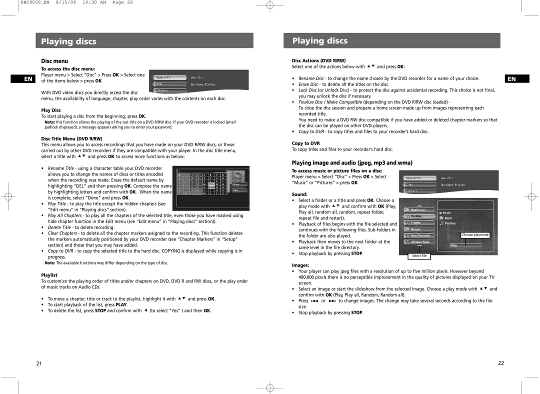 RCA DRC8030N user manual Disc menu, Playing image and audio jpeg, mp3 and wma 