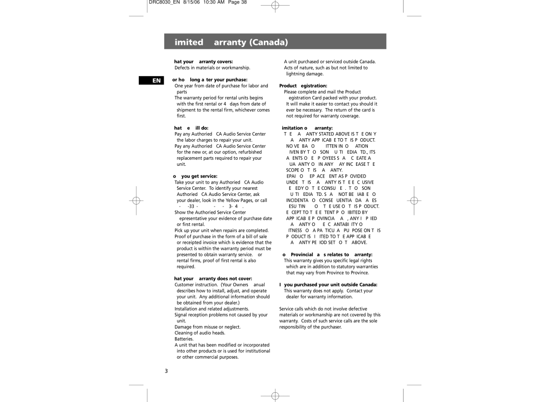 RCA DRC8030N Limited warranty Canada, EN For how long after your purchase, If you purchased your unit outside Canada 