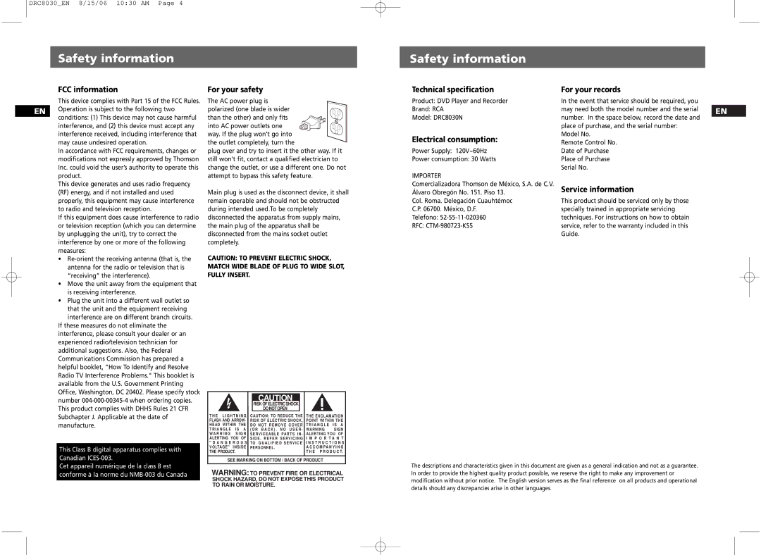 RCA DRC8030N user manual Safety information, FCC information For your safety, Technical specification For your records 