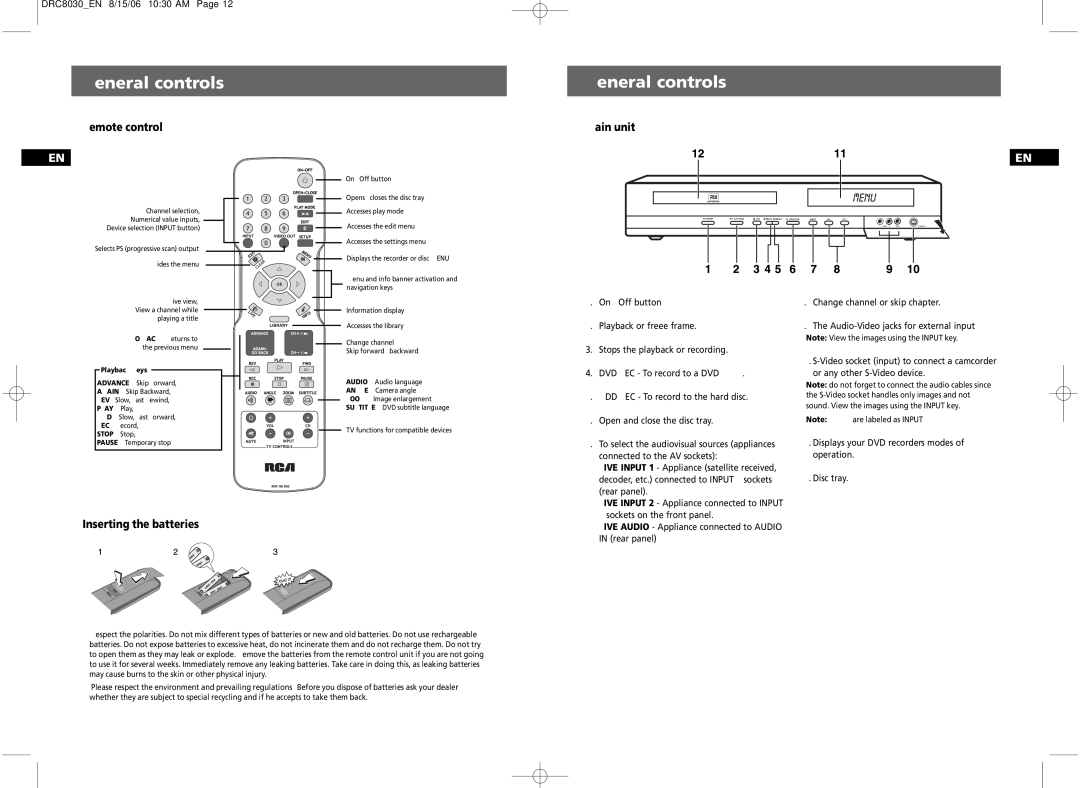 RCA DRC8030N user manual General controls, Remote control, Main unit, Inserting the batteries, Rear panel 