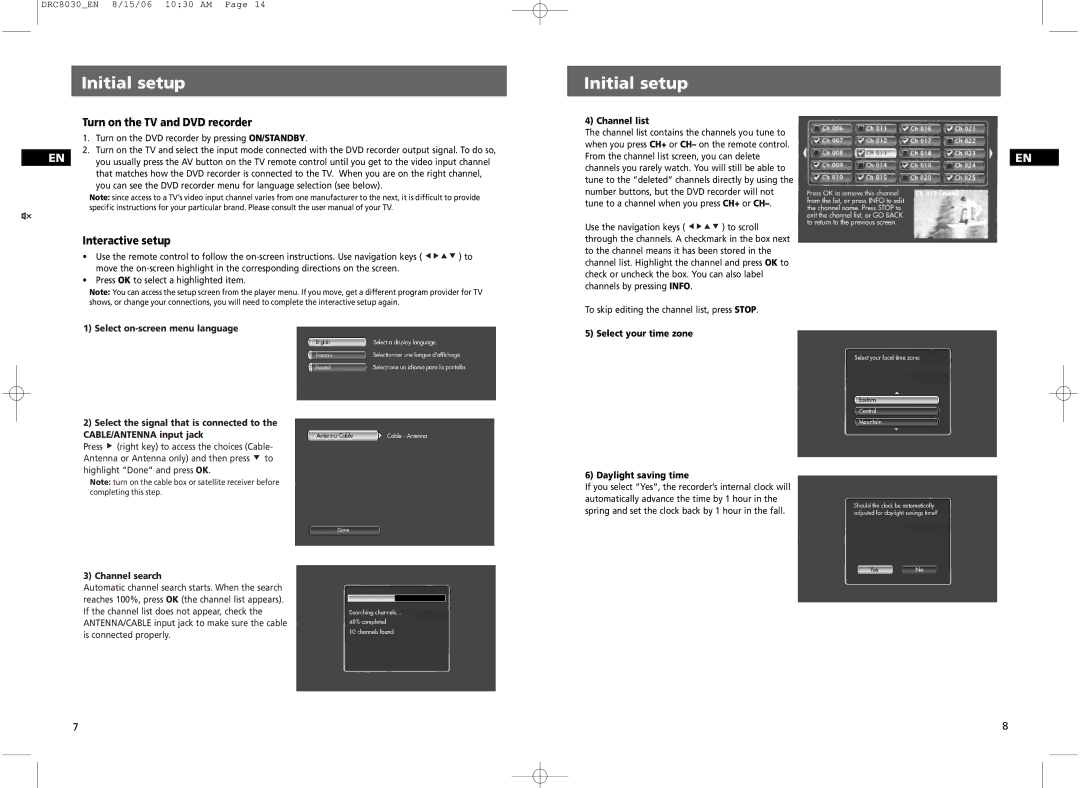 RCA DRC8030N user manual Initial setup, Turn on the TV and DVD recorder, Interactive setup, Channel list 