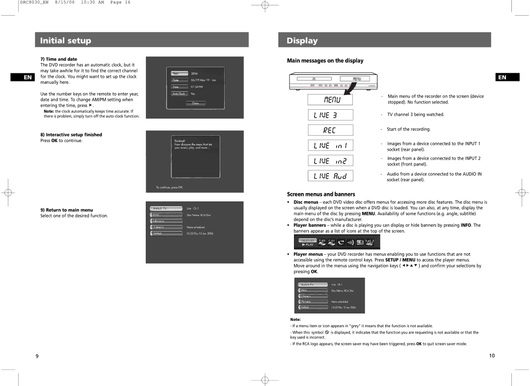 RCA DRC8030N user manual Display, Main messages on the display, Screen menus and banners, Time and date 