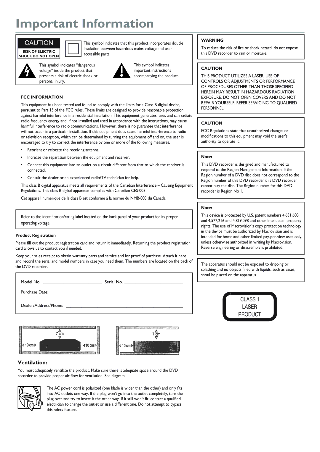 RCA DRC8040N manual Ventilation, Product Registration 