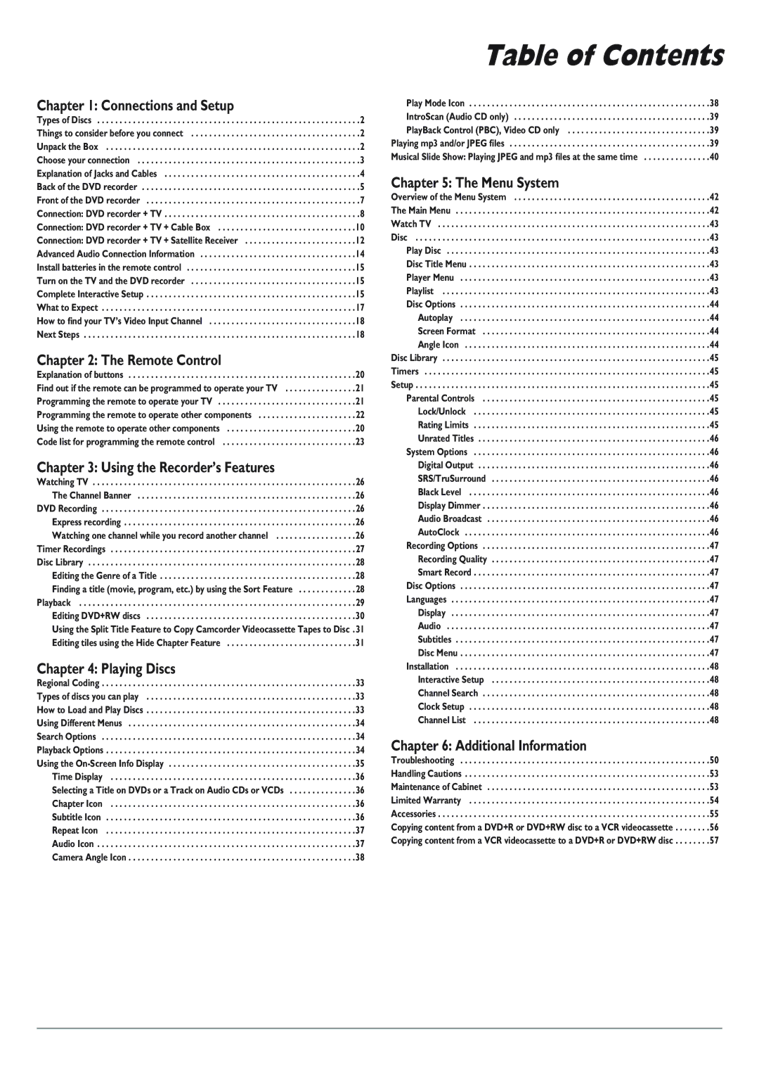 RCA DRC8040N manual Table of Contents 