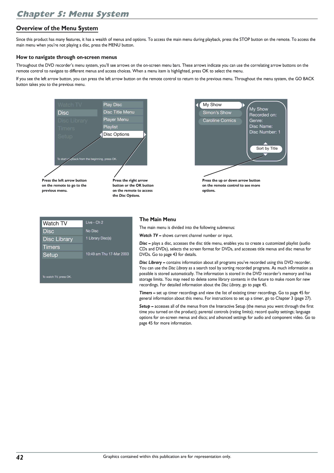 RCA DRC8040N manual Overview of the Menu System, How to navigate through on-screen menus, Main Menu 