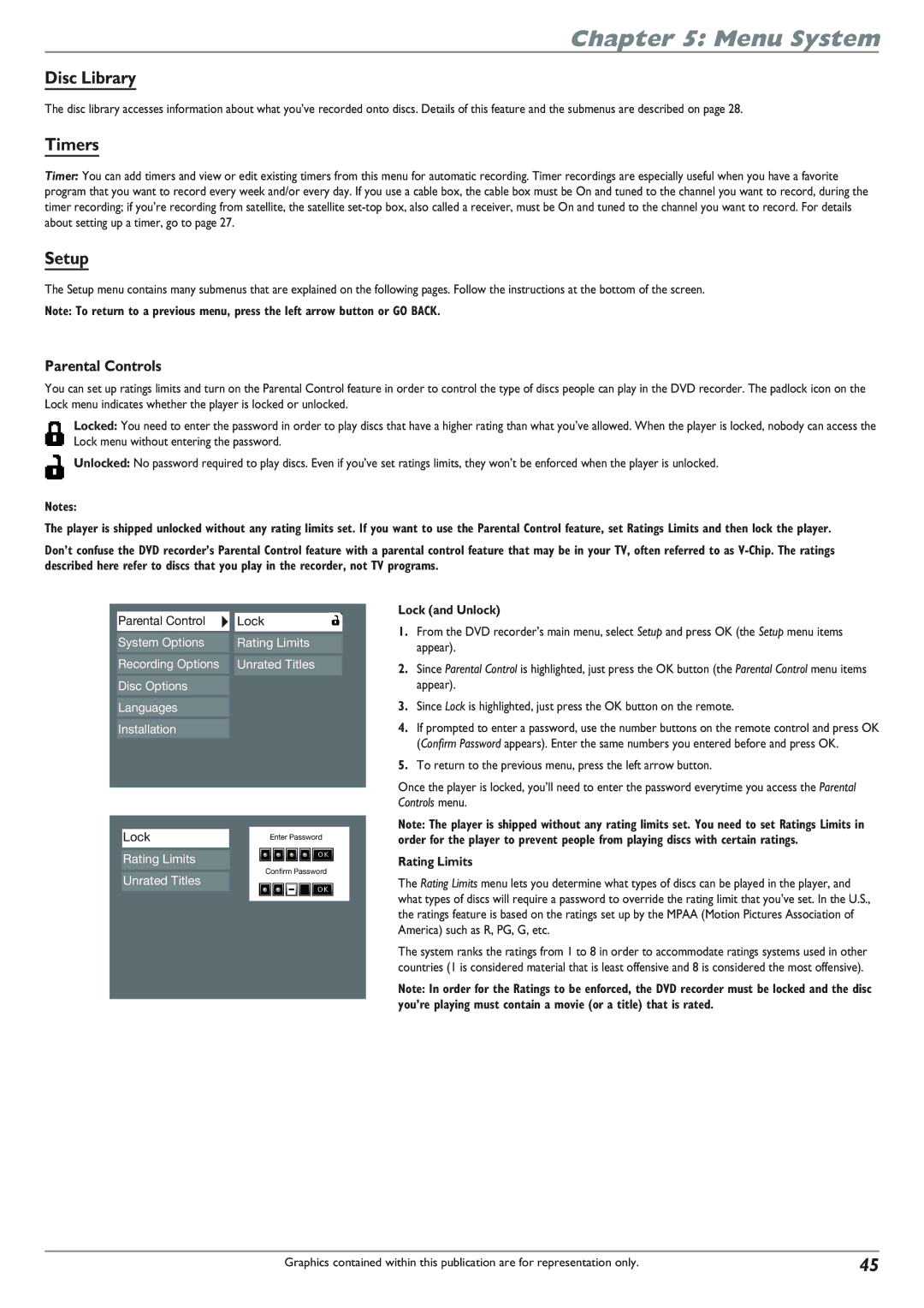 RCA DRC8040N manual Timers, Setup, Parental Controls, Lock and Unlock, Rating Limits 