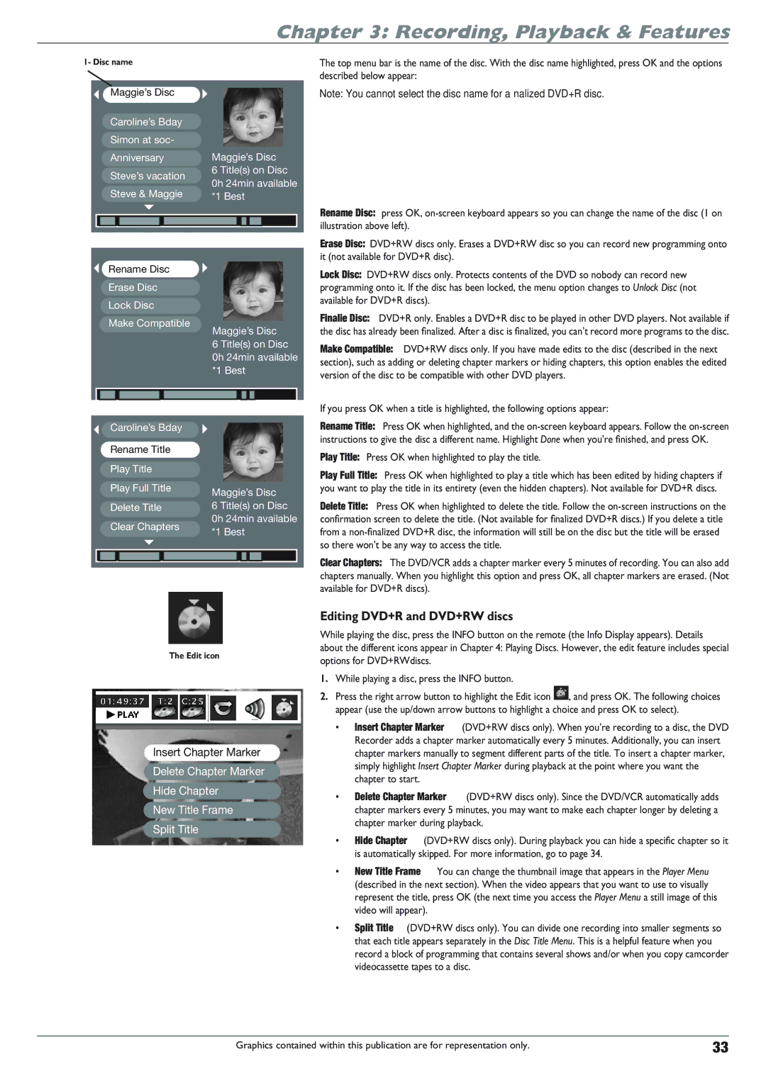 RCA DRC8300N manual Editing DVD+R and DVD+RW discs, Play Title Press OK when highlighted to play the title 