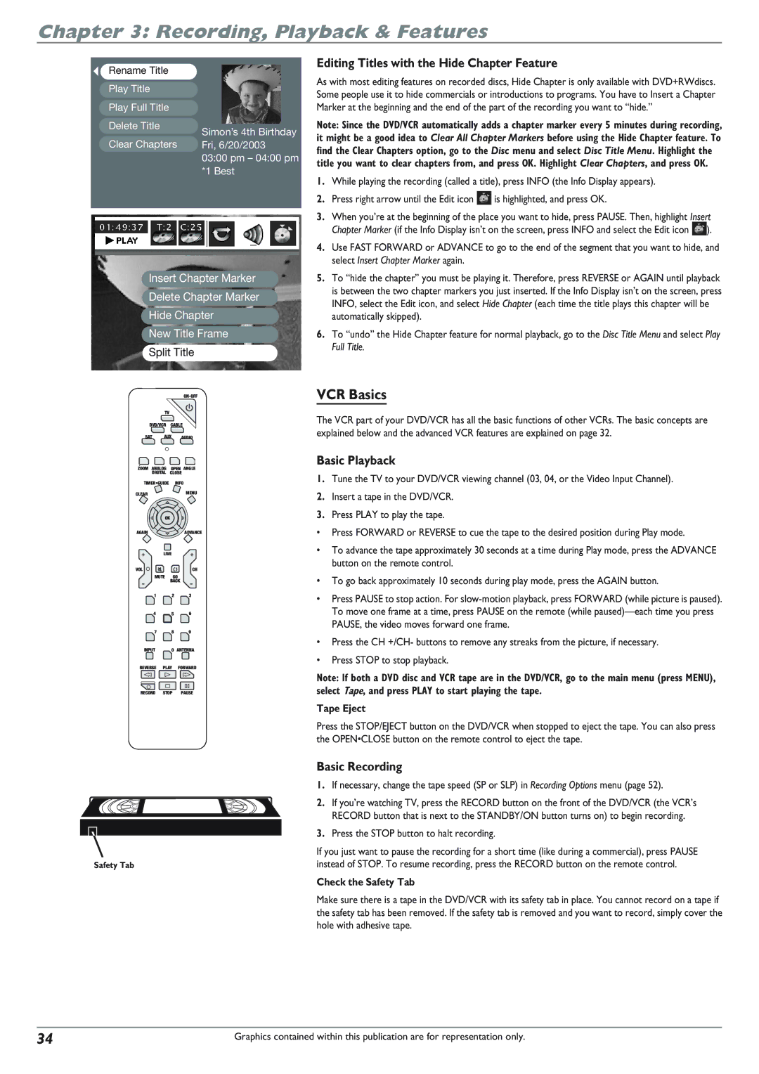 RCA DRC8300N manual VCR Basics, Editing Titles with the Hide Chapter Feature, Basic Playback, Basic Recording 