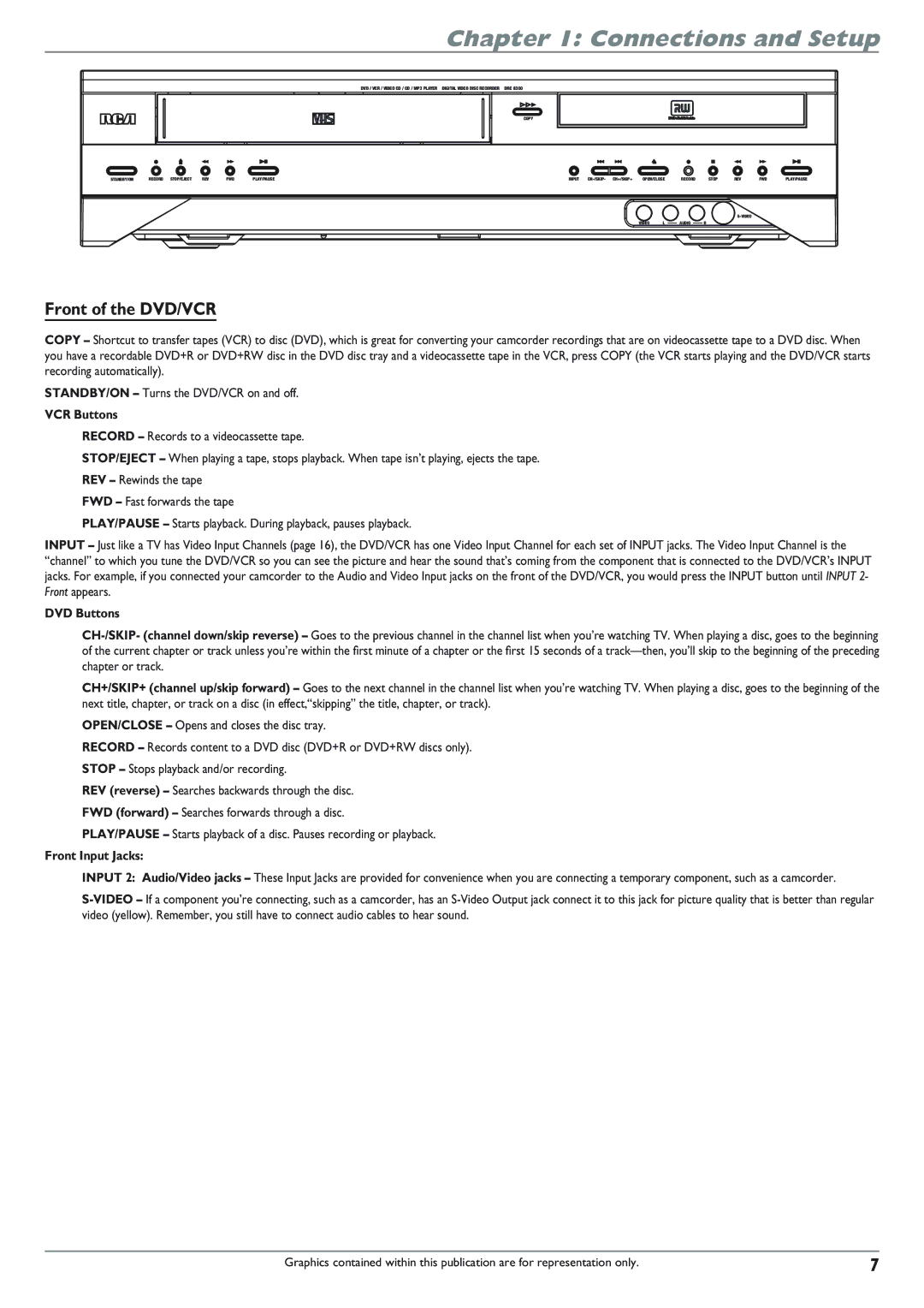 RCA DRC8300N manual Front of the DVD/VCR, VCR Buttons, DVD Buttons, Front Input Jacks 
