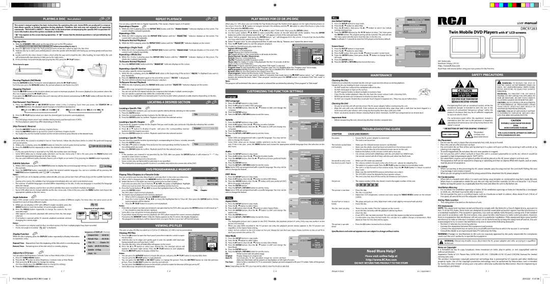 RCA DRC97283 Repeat Playback, Maintenance, Customizing the Function Settings, Troubleshooting Guide, Viewing JPG Files 