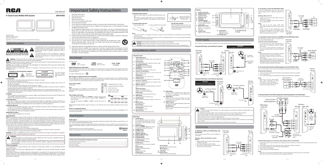 RCA DRC97983 user manual Remote Control, Safety Precautions, Control Reference Guide Power Supply, Disc Formats 