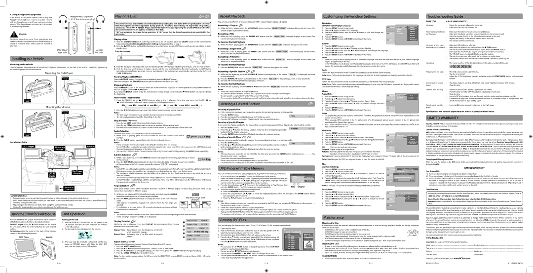 RCA DRC97983 Playing a Disc, Repeat Playback, Customizing the Function Settings, Troubleshooting Guide, Unit Operation 