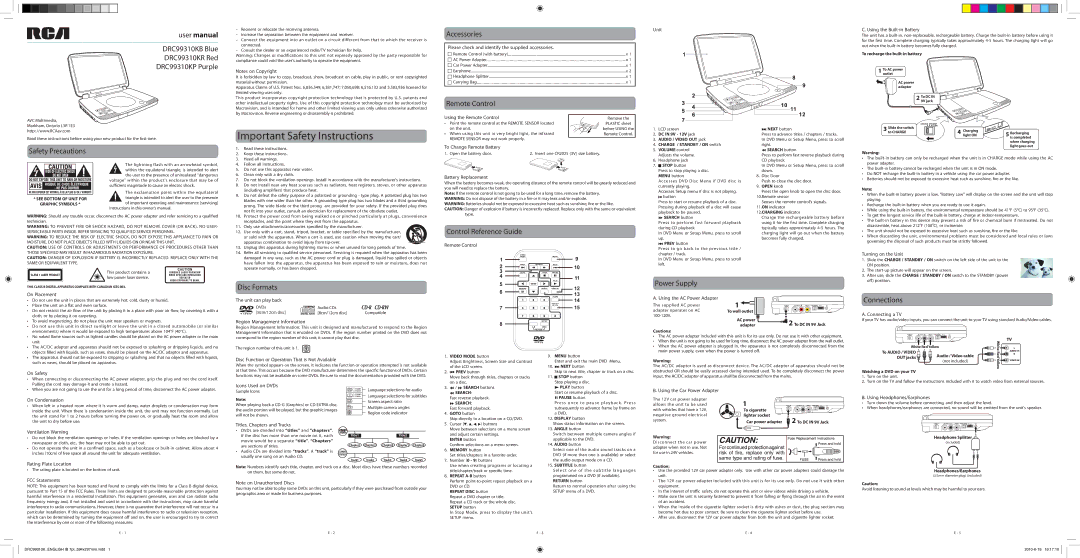 RCA user manual DRC99310KB Blue DRC99310KR Red DRC99310KP Purple, Accessories, Remote Control, Safety Precautions 