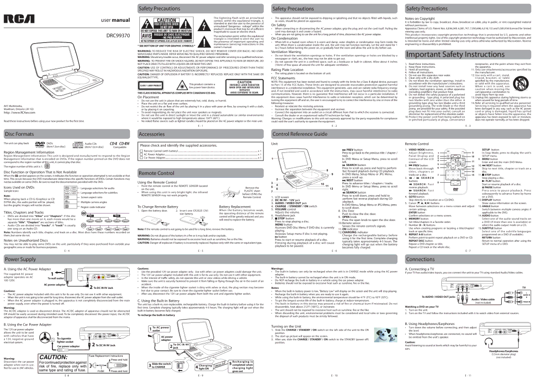 RCA DRC99370 user manual Disc Formats Safety Precautions, Accessories, Control Reference Guide Safety Precautions 