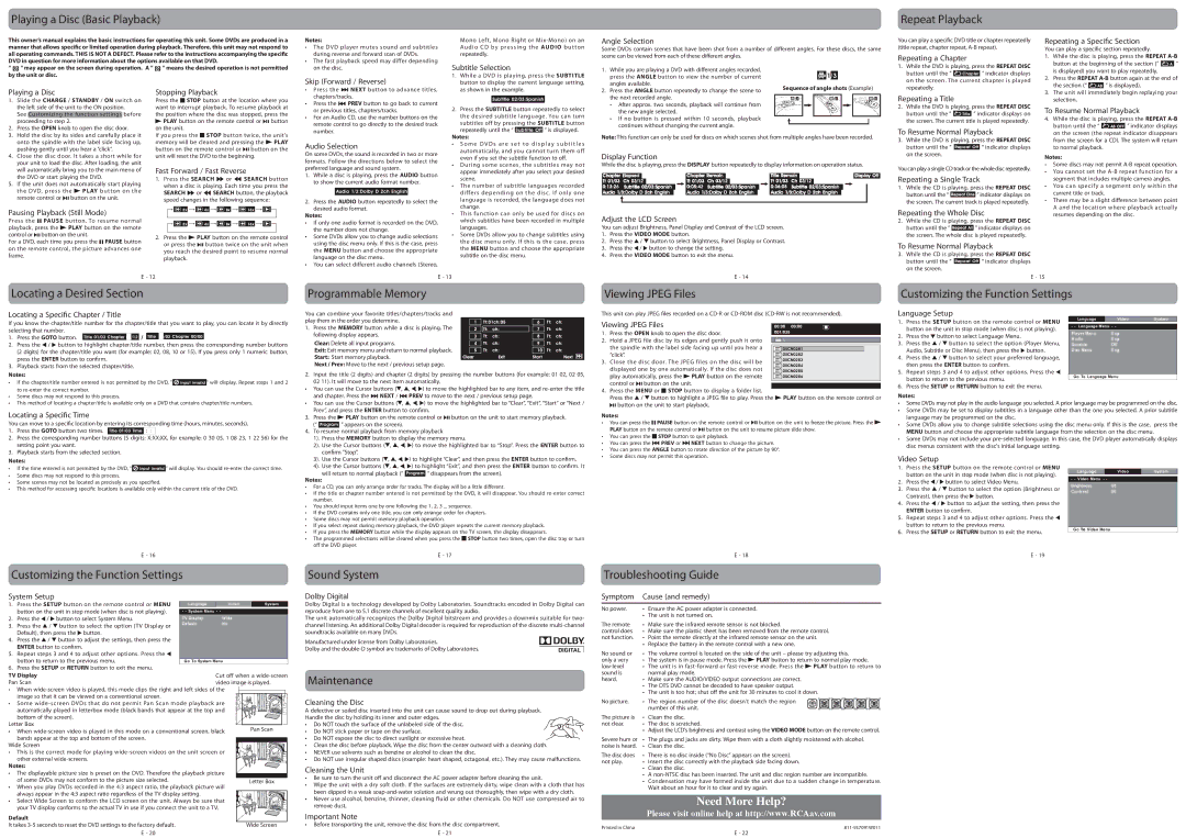 RCA DRC99370 Playing a Disc Basic Playback, Repeat Playback, Locating a Desired Section, Customizing the Function Settings 