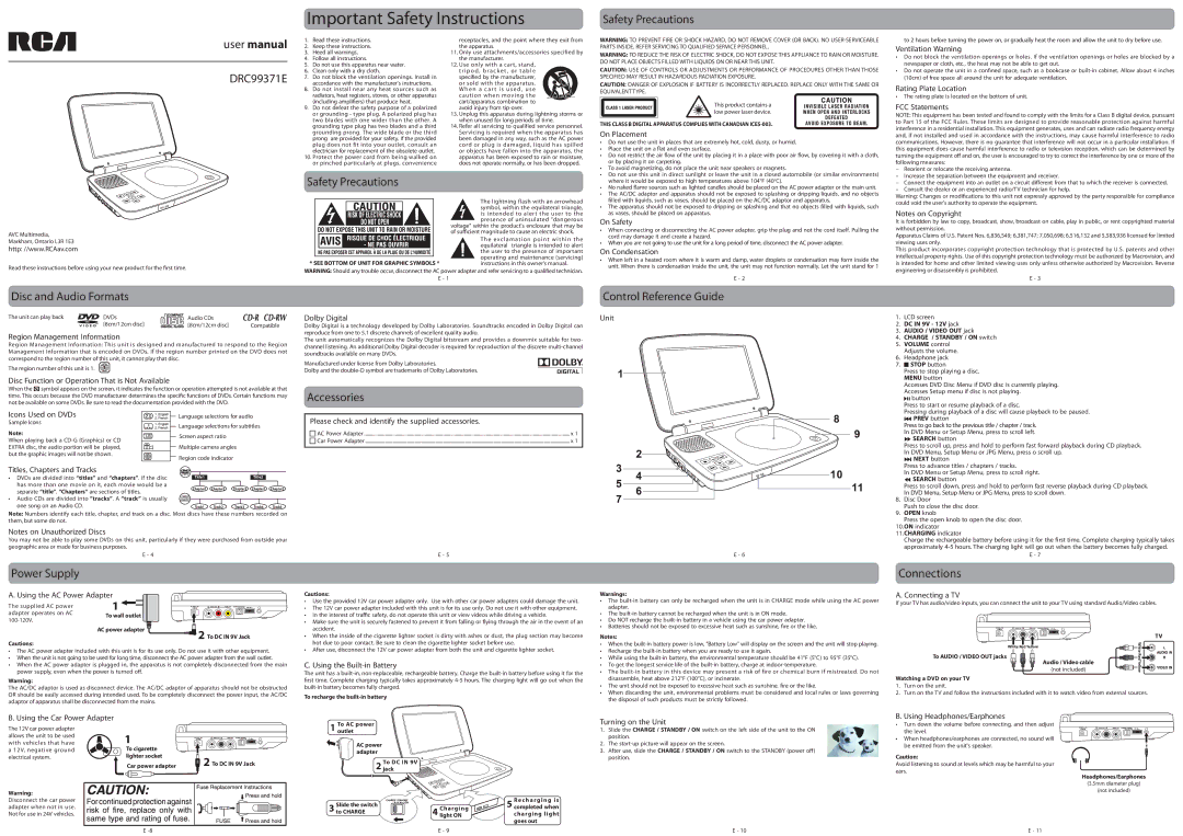 RCA DRC99371E user manual Safety Precautions, Disc and Audio Formats, Power Supply, Accessories, Control Reference Guide 