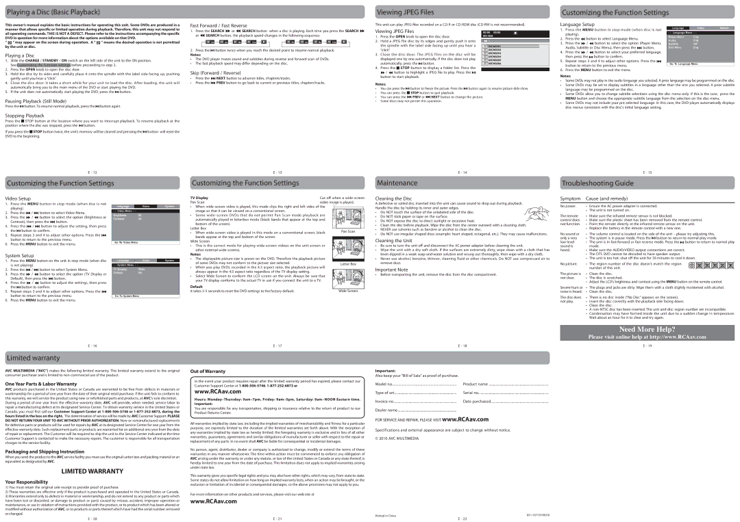 RCA DRC99371E user manual Maintenance, Troubleshooting Guide, Limited warranty 