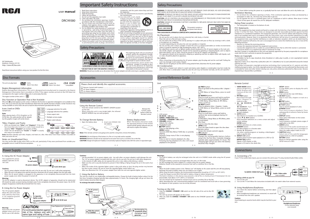 RCA DRC99380 user manual Safety Precautions, Accessories, Control Reference Guide, Disc Formats, Remote Control 