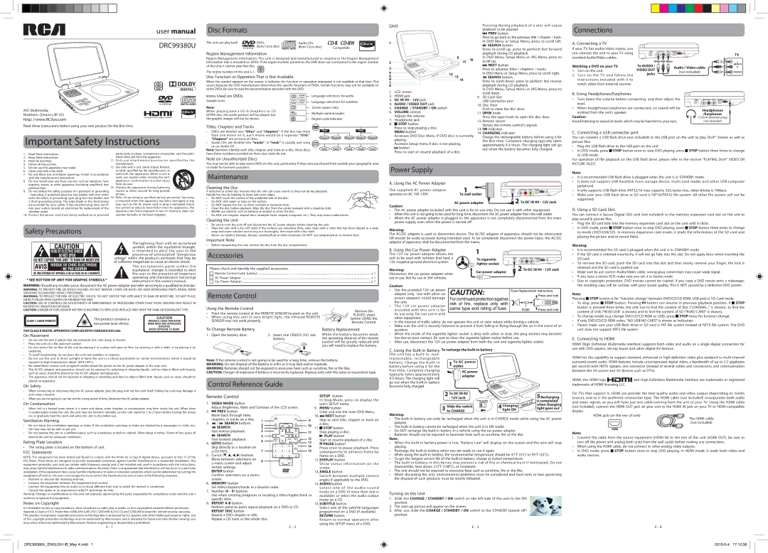 RCA DRC99380U user manual Disc Formats, Connections, Safety Precautions, Maintenance, Accessories, Remote Control 