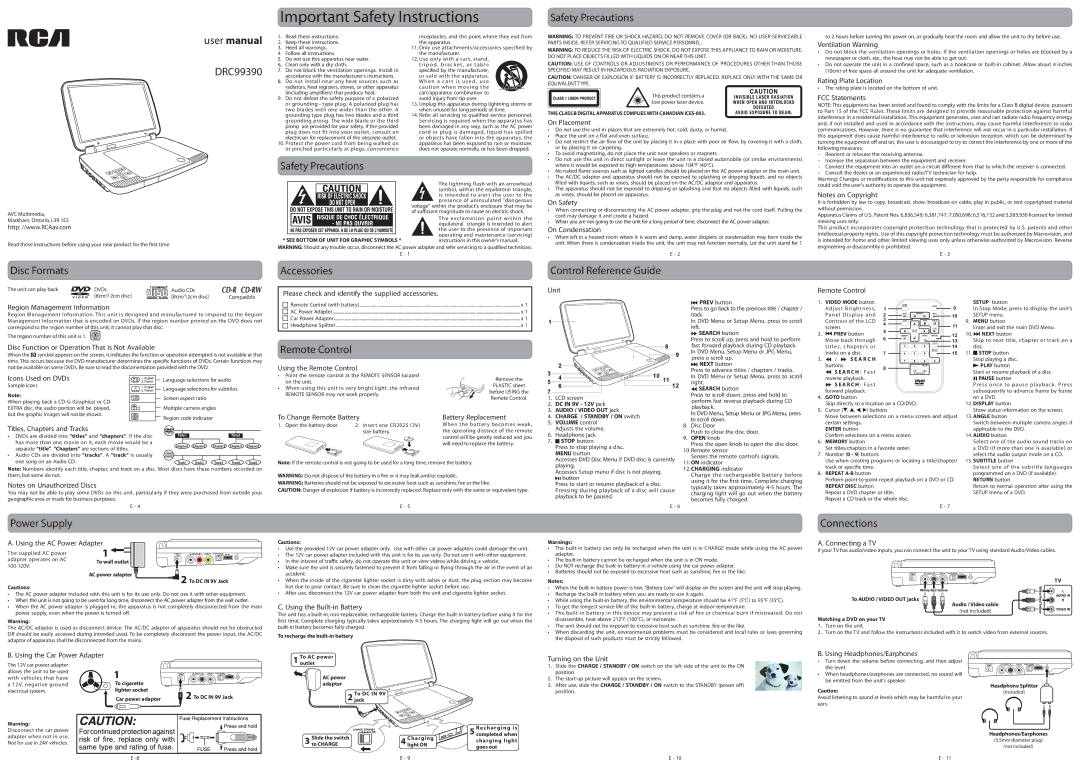 RCA DRC99390 user manual Safety Precautions, Accessories, Control Reference Guide, Disc Formats, Remote Control 