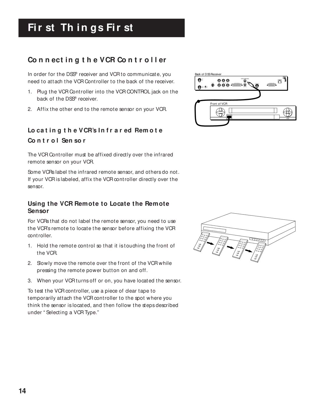 RCA DRD202RA manual Connecting the VCR Controller, Locating the VCR’S Infrared Remote Control Sensor 