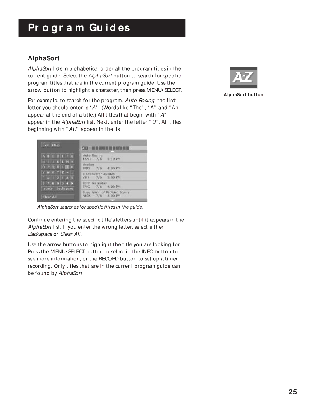 RCA DRD202RA manual AlphaSort, Backspace or Clear All 