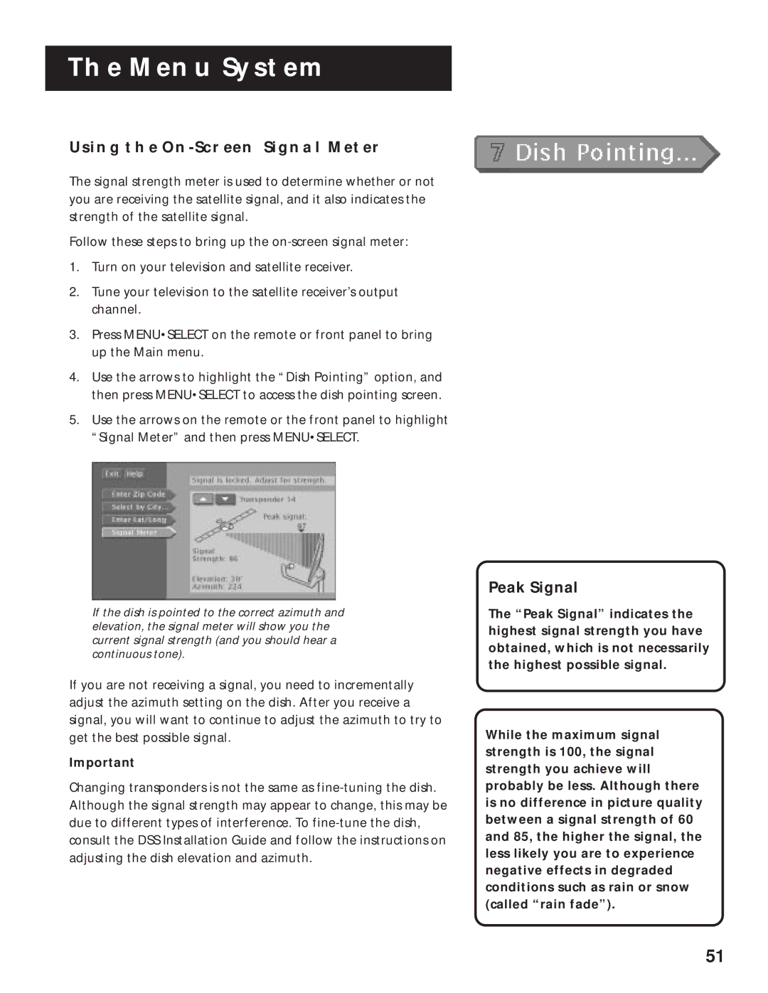 RCA DRD202RA manual Using the ON-SCREEN Signal Meter, Peak Signal 