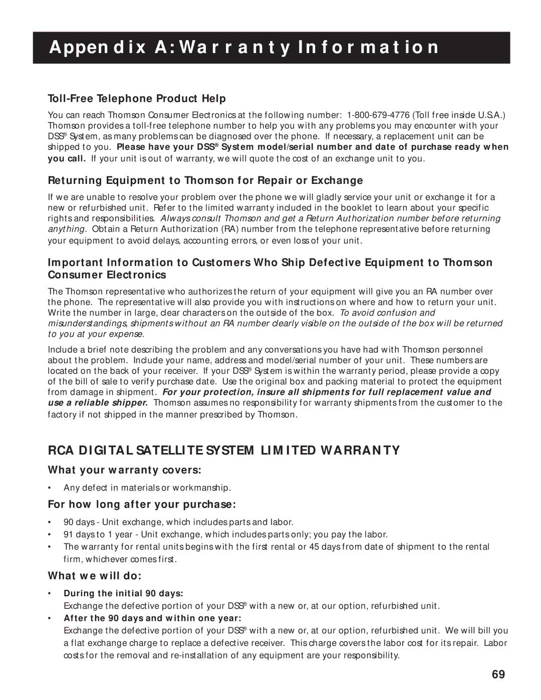 RCA DRD202RA manual Appendix a Warranty Information, RCA Digital Satellite System Limited Warranty 