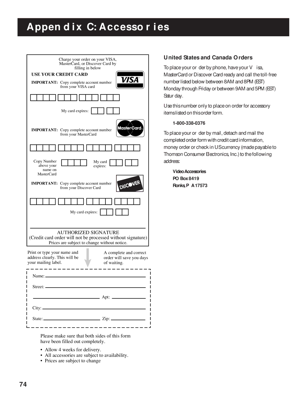 RCA DRD202RA manual United States and Canada Orders, To place your or der by phone, have your V isa 