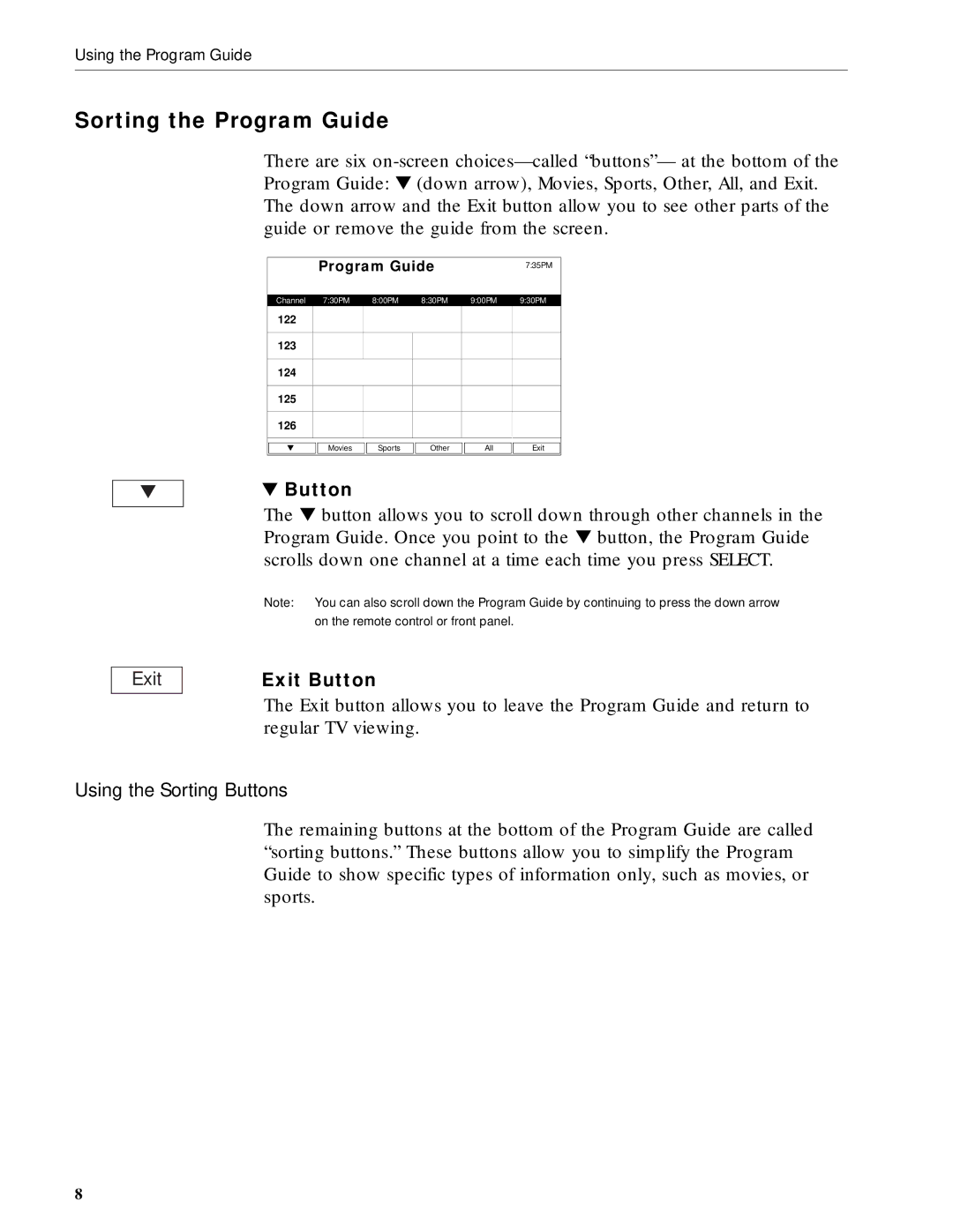 RCA DRD203 RW user manual Sorting the Program Guide, Exit Button, Using the Sorting Buttons 