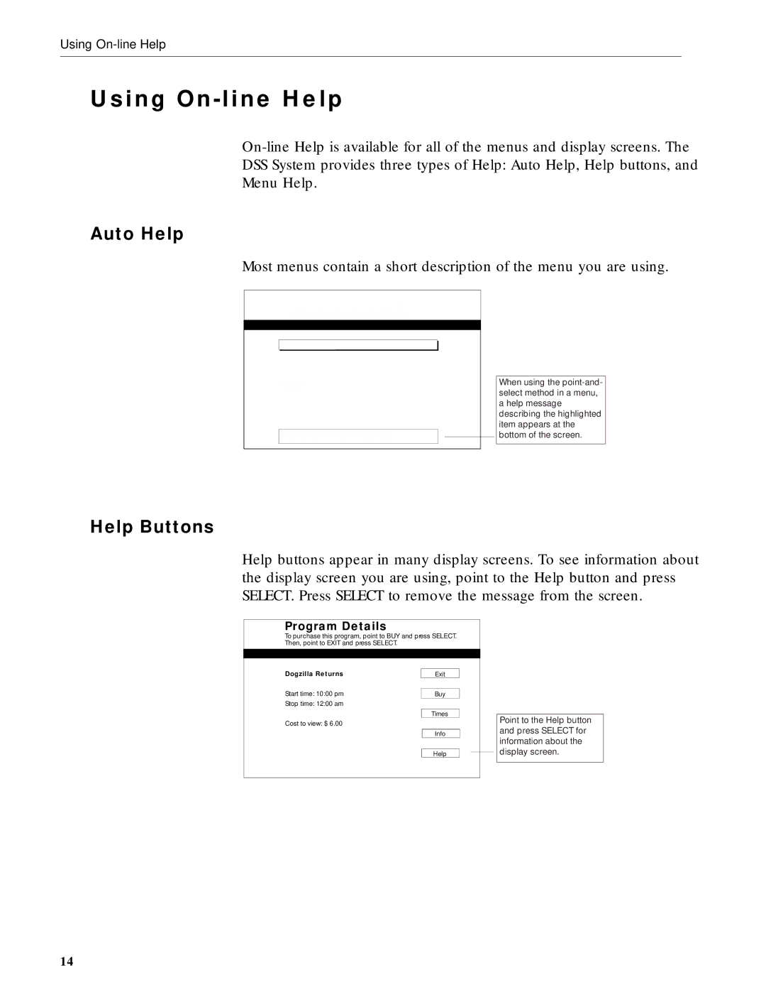 RCA DRD203 RW user manual Using On-line Help, Auto Help, Help Buttons 