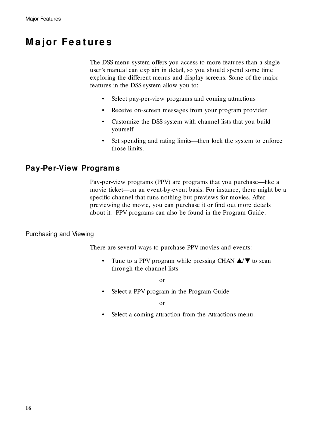 RCA DRD203 RW user manual Major Features, Pay-Per-View Programs, Purchasing and Viewing 