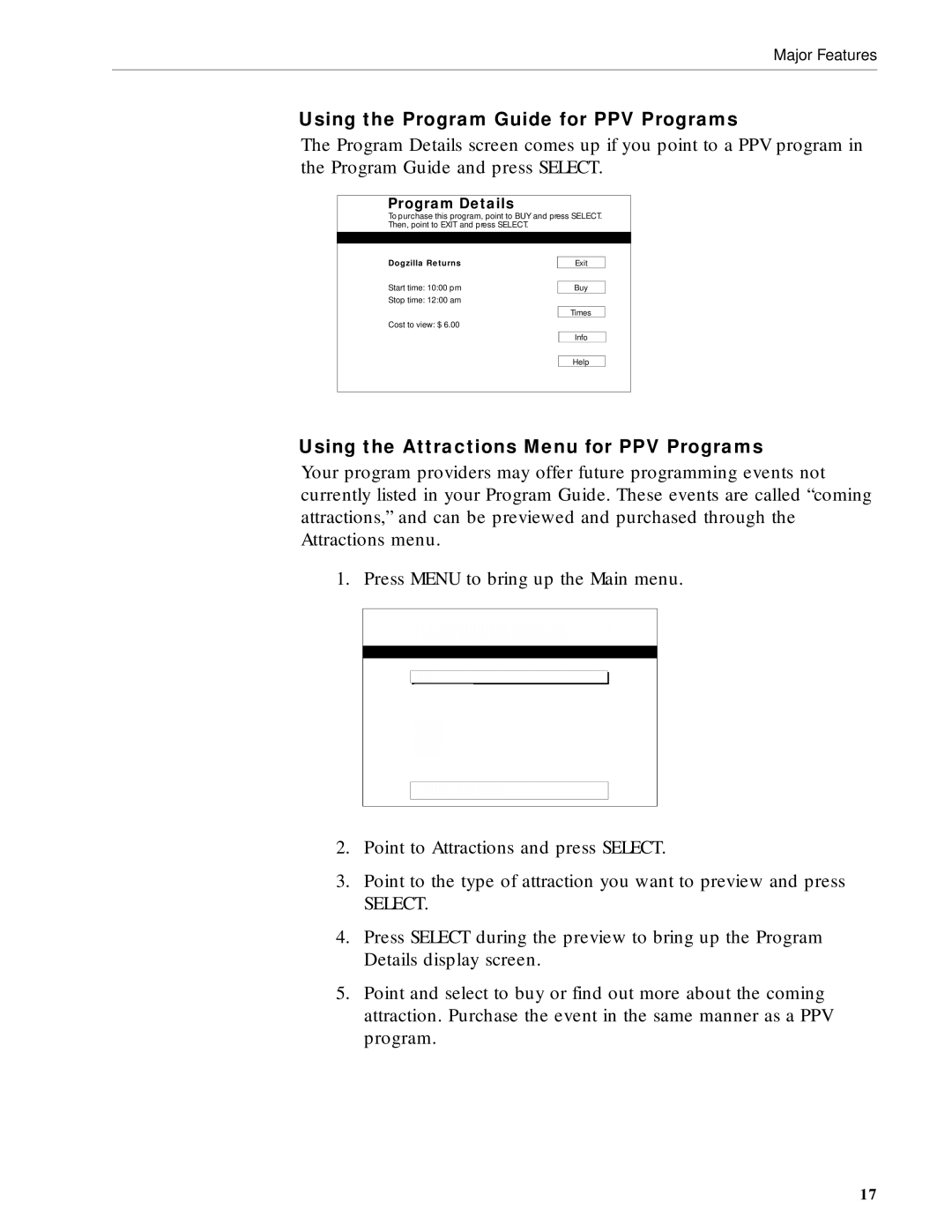 RCA DRD203 RW user manual Using the Program Guide for PPV Programs, Using the Attractions Menu for PPV Programs 