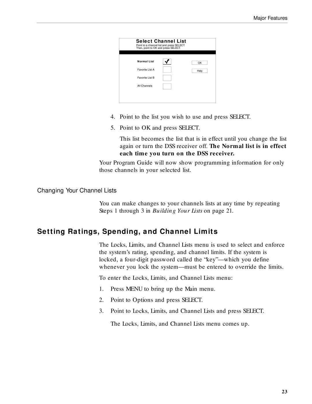 RCA DRD203 RW user manual Setting Ratings, Spending, and Channel Limits, Changing Your Channel Lists 