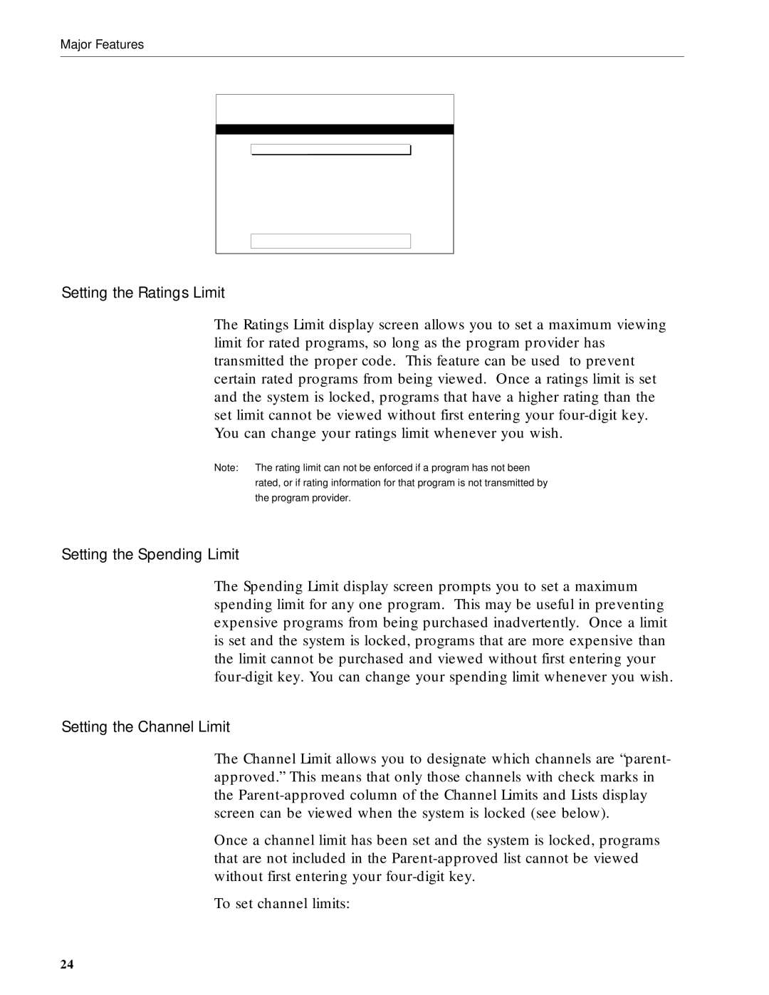 RCA DRD203 RW user manual Setting the Ratings Limit, Setting the Spending Limit, Setting the Channel Limit 