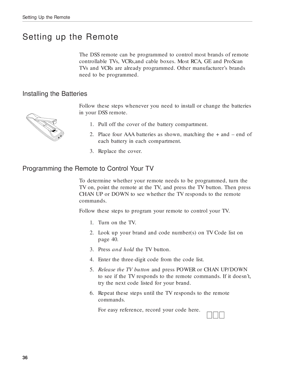 RCA DRD203 RW user manual Setting up the Remote, Installing the Batteries, Programming the Remote to Control Your TV 