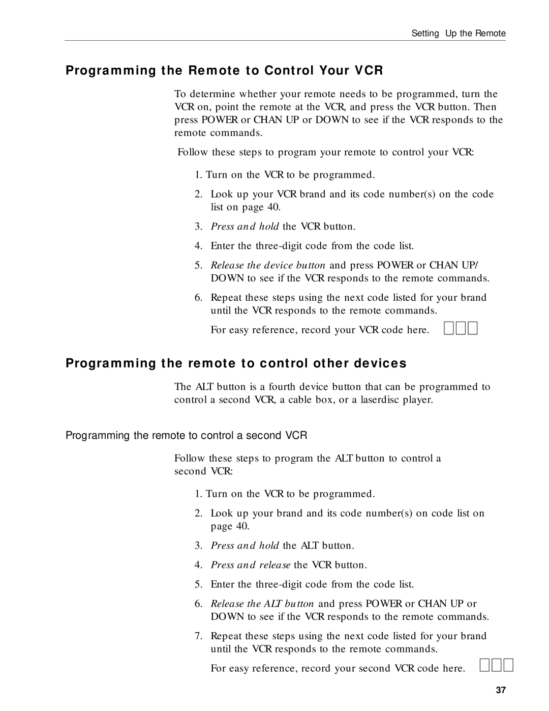 RCA DRD203 RW user manual Programming the Remote to Control Your VCR, Programming the remote to control other devices 