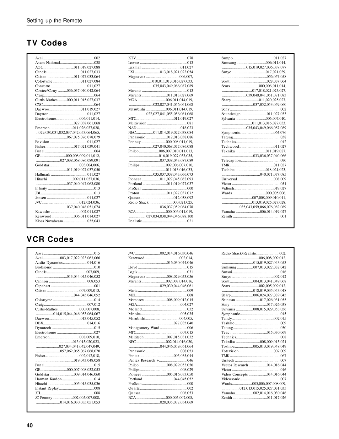 RCA DRD203 RW user manual TV Codes, VCR Codes 