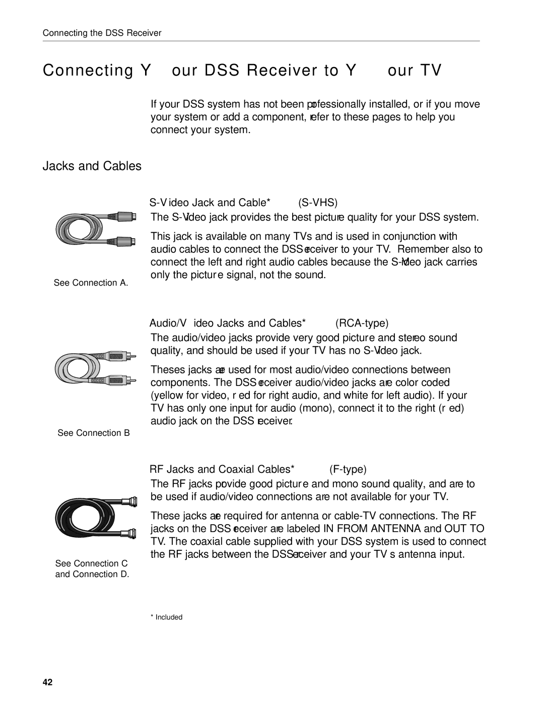 RCA DRD203 RW user manual Connecting Your DSS Receiver to Your TV, Jacks and Cables, Video Jack and Cable* S-VHS 