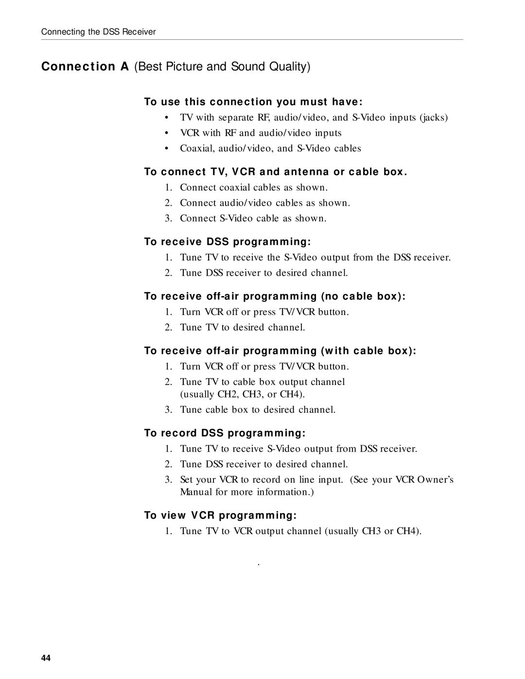 RCA DRD203 RW To use this connection you must have, To connect TV, VCR and antenna or cable box, To record DSS programming 