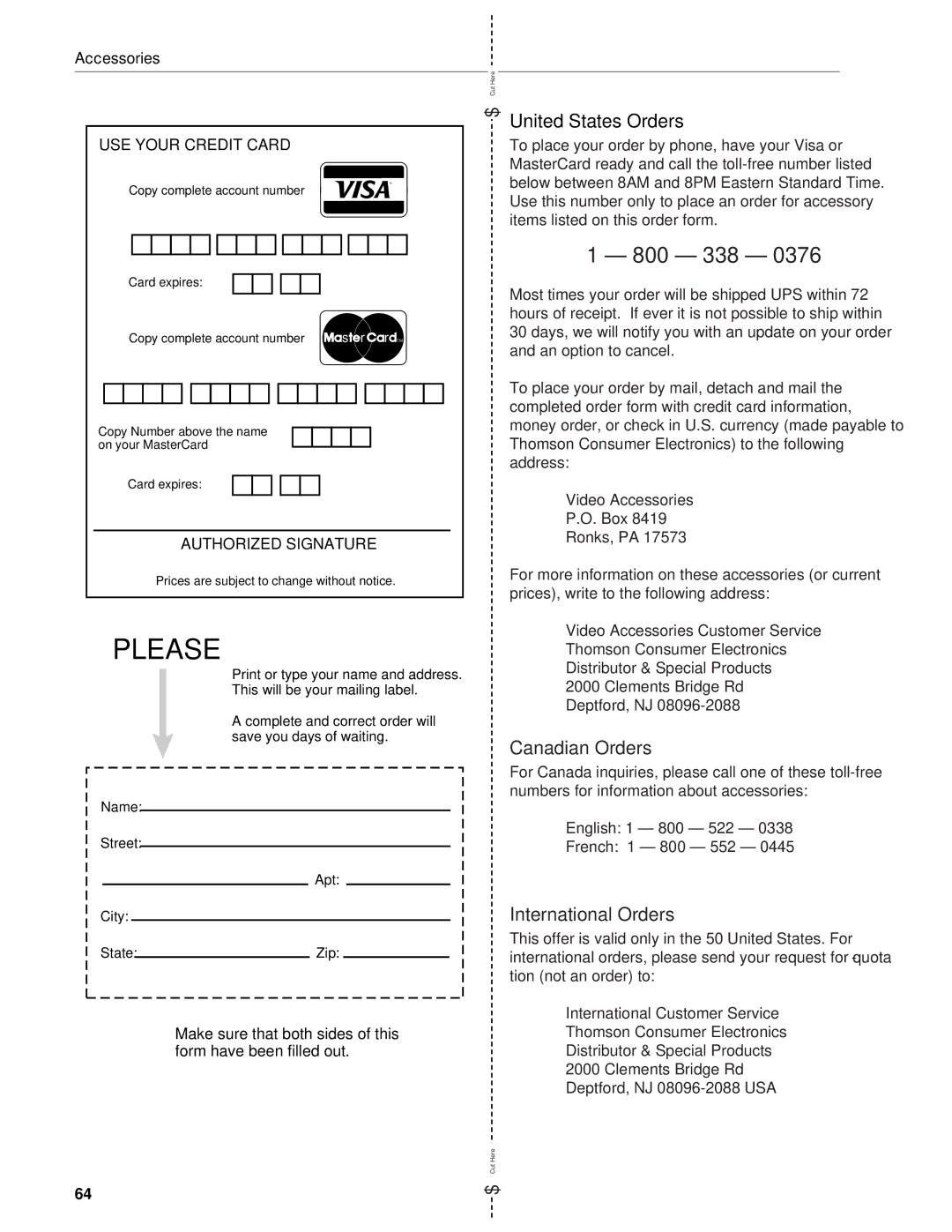 RCA DRD203 RW user manual United States Orders, Canadian Orders, International Orders 