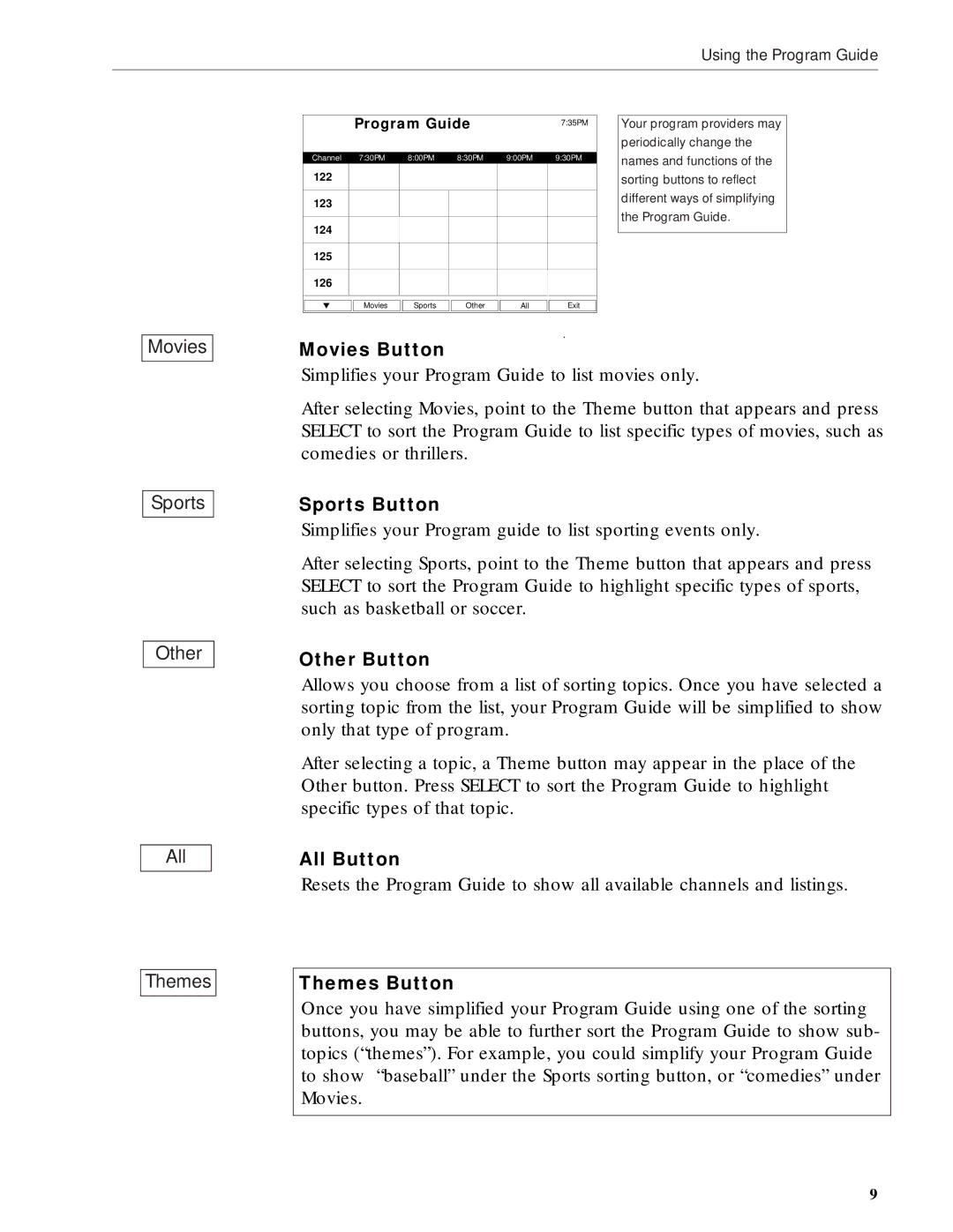 RCA DRD212NW user manual Movies Button, Sports Button, Other Button, All Button, Themes Button 